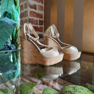 JIMMY CHOO Rose Gold Glitter Cork Wedges SZ 35 (US 5)