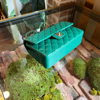 CHANEL Small Classic Double Flap Green Lambskin Quilted Shoulder Bag