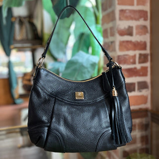 MCM Black Grained Leather Tassel Hobo Bag