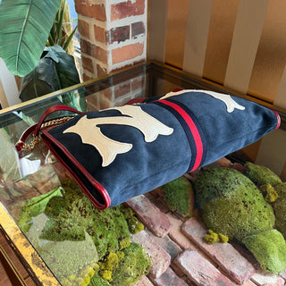 GUCCI Rajah Large Yankee Navy Blue Suede Sports Tote Bag