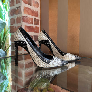 SAINT LAURENT Paris 105 Studded Black/White Leather Heels SZ 37.5 (US 7.5)