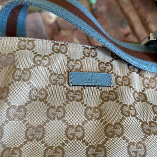 GUCCI Small Beige Blue GG Canvas Web Strap Zip Messenger Crossbody Bag