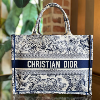 DIOR Medium Book Ecru and Blue Toile de Jouy Embroidered Tote