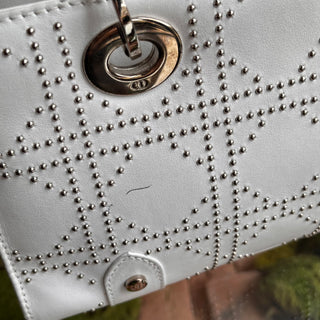 DIOR Lady Dior East West White Calfskin Leather Studded Tote Bag