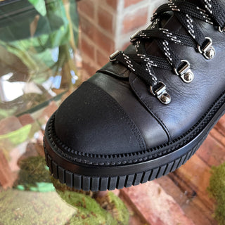 CHANEL Black Calfskin Grosgrain Quilted Lace Up Boots SZ36.5(6.5US)