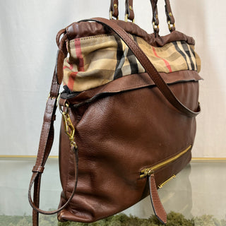 BURBERRY House Check Big Crush Brown Canvas and Leather Tote Bag