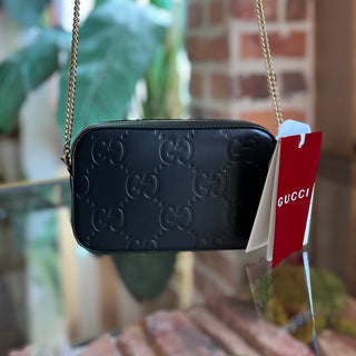 GUCCI Black Super Mini Pochette Black GG Embossed Leather Crossbody Bag