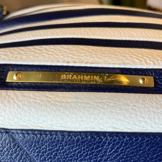 BRAHMIN Shoulder Bag Navy Blue Striped Leather Shoulder Bag