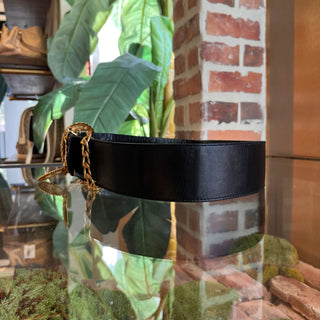 CHANEL Black Leather Gold Chain Medallion Wide Vintage Belt