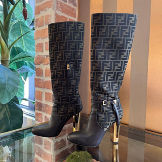 FENDI Zucca Brown/Black Canvas Boots SZ 36.5 (US 6.5)