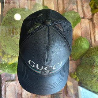 GUCCI Black Grained Leather Logo Baseball Hat M 58