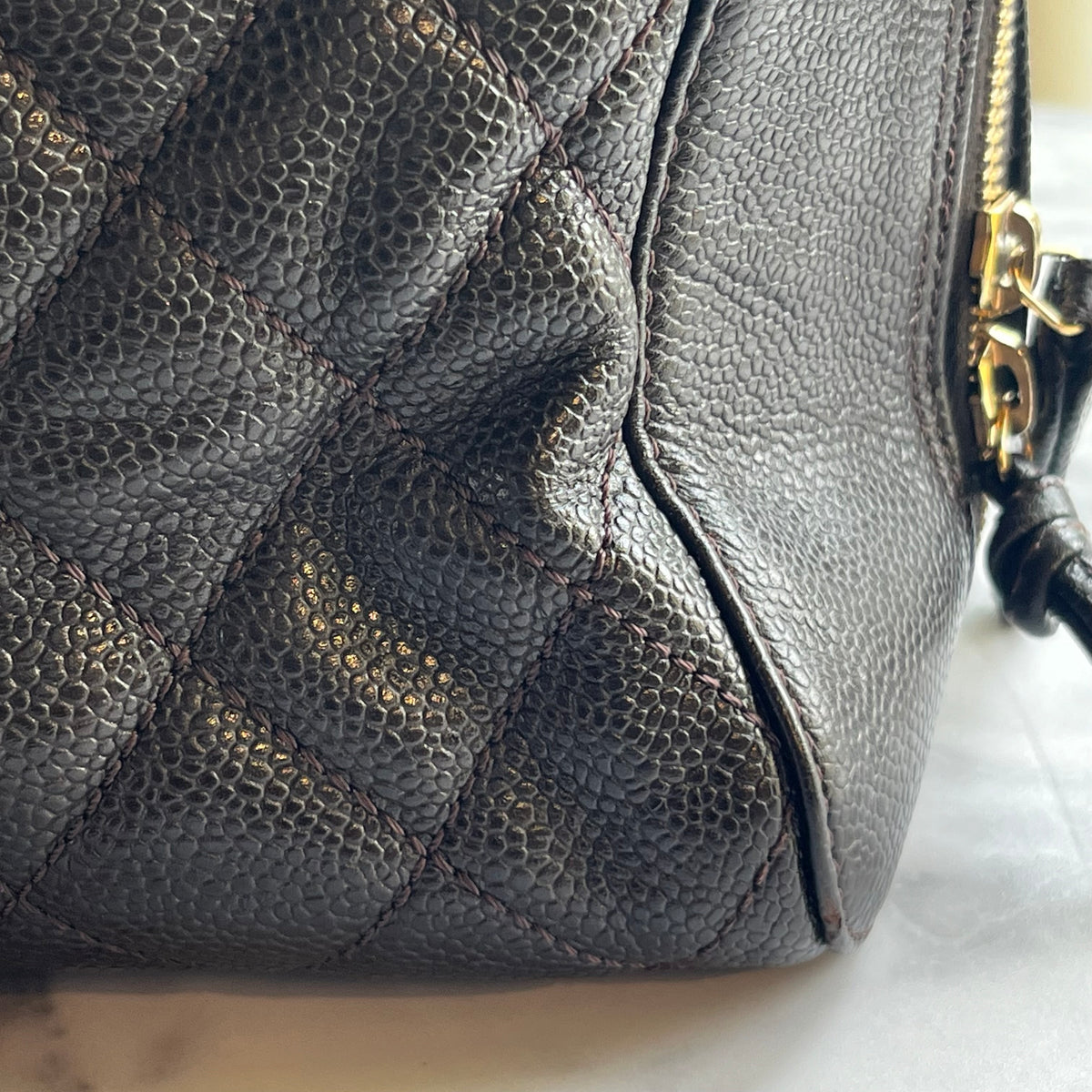 CHANEL Brown Caviar Leather Quilted Bowler Bag