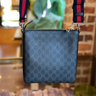 GUCCI Small Flat Messenger Black Grey GG Supreme Monogram Web Bag