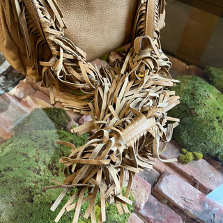 PRADA Beige Cervo Leather Fringe Strap Shoulder Bag