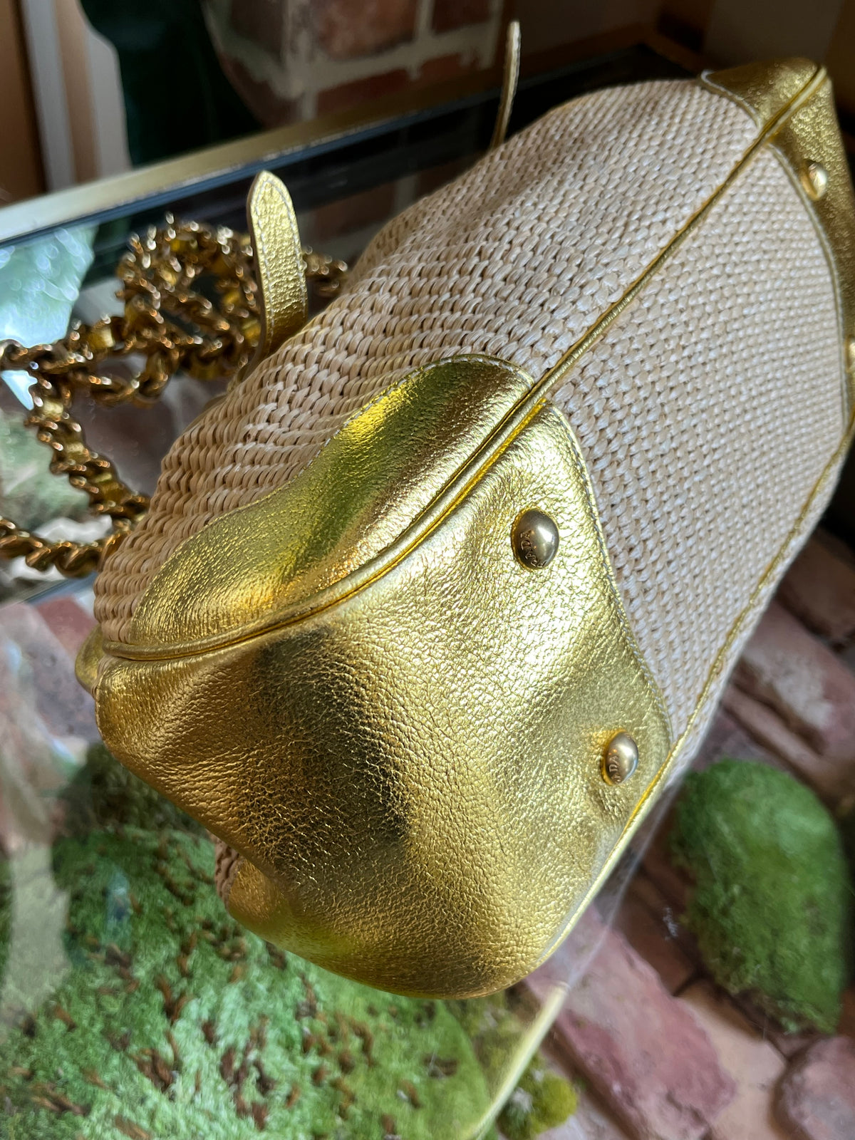 PRADA Raffia Woven &amp; Metallic Gold Leather Madras Frame Top Chain Bag