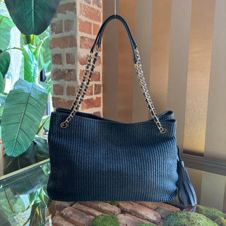 TORY BURCH Navy Blue Raffia Tote