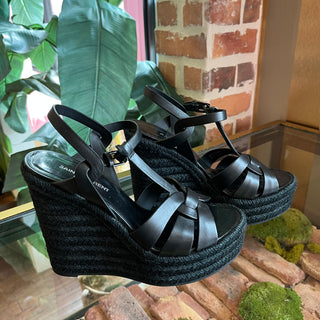 SAINT LAURENT Tribute Black Leather Espadrille Wedges SZ 39