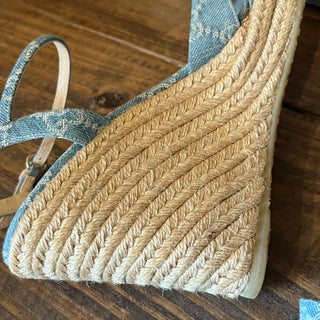 GUCCI Light Blue GG Denim Open Toe Espadrille Wedges SZ40.5(10.5US)