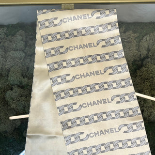 CHANEL Beige Gray Silk Chain Logo Print Long Scarf