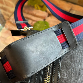 GUCCI Small Flat Messenger Black Grey GG Supreme Monogram Web Crossbody