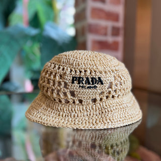 PRADA Natural Raffia Crochet Logo Bucket Hat SZL