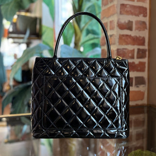 CHANEL Medallion Black Quilted Patent Leather Vintage Tote Bag