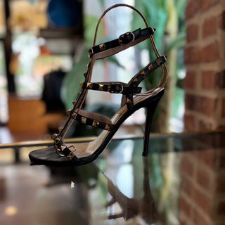 VALENTINO Rockstud Accents Black Leather Gladiator Heels 36