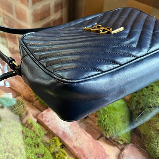 SAINT LAURENT Lou Navy Blue Calfskin Matelasse Monogram Crossbody Bag