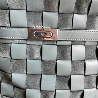 TORY BURCH Lee Radziwill Blue Double Woven Leather Tote