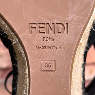 FENDI FF Black Embroidered Canvas Ankle Tie Espadrille Wedges SZ 35 (US 5)