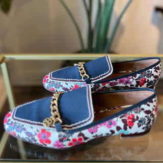 TORY BURCH Jessa Navy Tea Rose Floral Leather Loafers