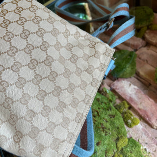 GUCCI Small Beige Blue GG Canvas Web Strap Zip Messenger Crossbody Bag