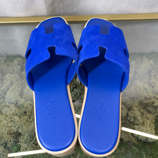 HERMES Eze 30 Bleu Ocean Suede Goatskin Cork Sandals SZ38(8US)