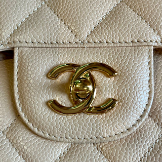 CHANEL Classic Double Flap Beige Quilted Caviar Leather Shoulder Bag