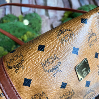MCM Cognac Visetos Tan Canvas Barrel Crossbody Bag