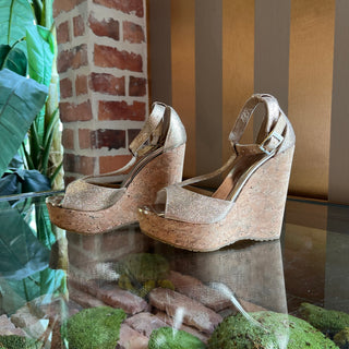 JIMMY CHOO Rose Gold Glitter Cork Wedges SZ 35 (US 5)