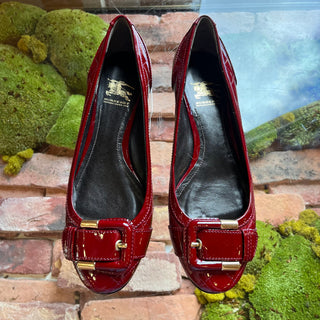 BURBERRY Burgundy Quilted Patent Leather Flats SZ 38.5