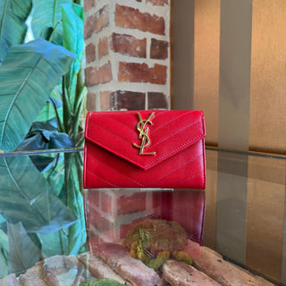 SAINT LAURENT Red Leather Chevron Compact Wallet