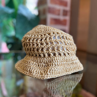 PRADA Natural Raffia Crochet Logo Bucket Hat SZL