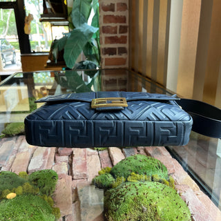 FENDI FF 1974 Embossed Baguette Navy Blue Nappa Leather Shoulder Bag