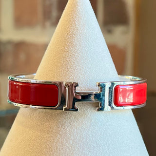 HERMES Clic H Rouge Vif Enamel Palladium Narrow Bracelet