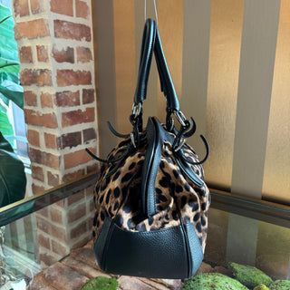 DOLCE & GABBANA Animalier Leopard Print Canvas Shoulder Bag