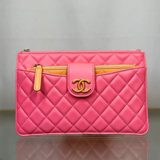 CHANEL Lambskin Quilted Medium Pouch Case Pink/ Orange