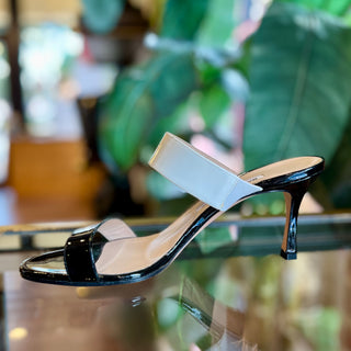 MANOLO BLAHNIK Black and White Patent Leather Mule Sandal Heels