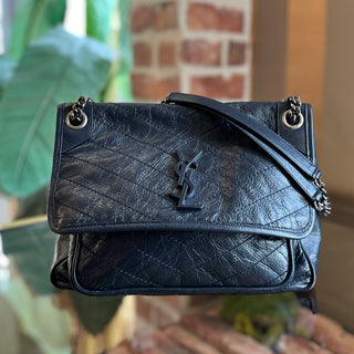 SAINT LAURENT Niki Medium Blue Crinkled Leather Monogram Shoulder Bag