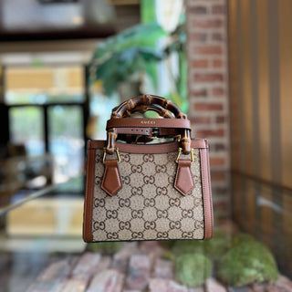 GUCCI Diane Small Brown GG Crystal Bamboo Top Handle