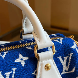 LOUIS VUITTON Speedy Bandouliere 20 Blue White Monogram Jacquard Velvet Match Satchel Bag