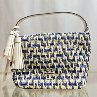 TS3700 TORY BURCH Thea Small Natural Blue Paper Raffia Shoulder Bag