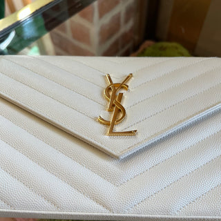 SAINT LAURENT Classic Cassandre Chain White Grain De Poudre Leather Crossbody