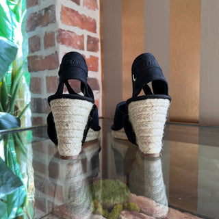 FENDI FF Black Embroidered Canvas Ankle Tie Espadrille Wedges SZ 35 (US 5)